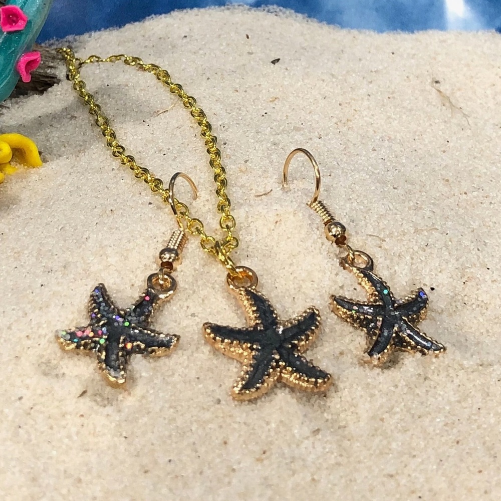 Blue Starfish Necklace and Earrings Set, Beach Jewelry